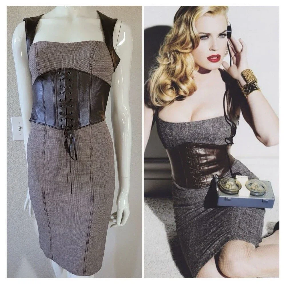 Vintage Y2K Bebe Corset Waist Bodycon Midi Dress Real Leather Straps Size 4 - Picture 2 of 16